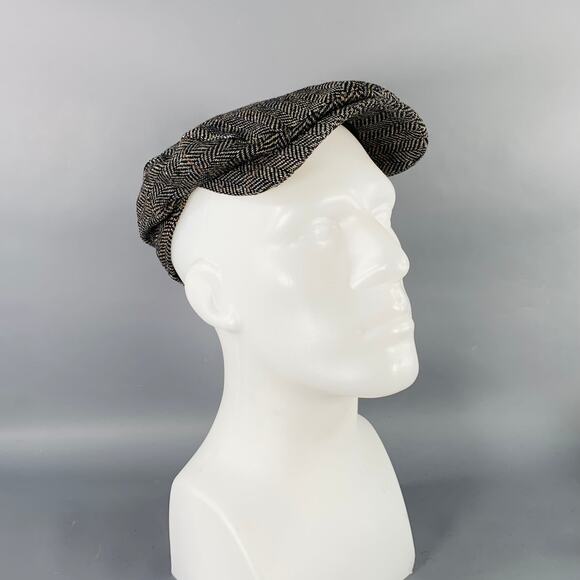 JOHNSTON & MURPHY Size 58 Black Grey Herringbone Wool Flat Cap Hat - Picture 1 of 7